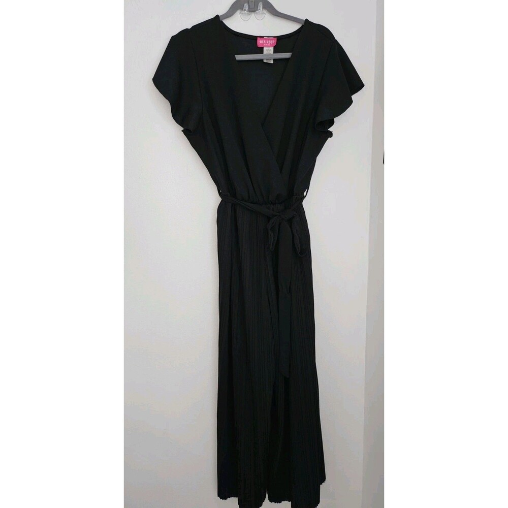 MIA Rose Wrap Front Belted Pleated pant suit Jumper Black Sz 2x Modern Style